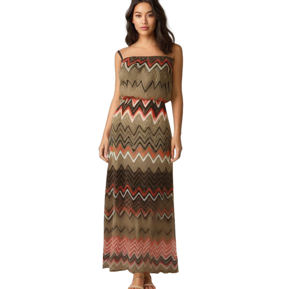 Hot Swag Maxi Dress M Medium Brown Chevron Crochet Strapless Side Slit Summer